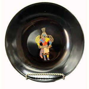 Vintage 60s Couroc "Hummingbird Kachina" Shallow Bowl Black Metallic Gold